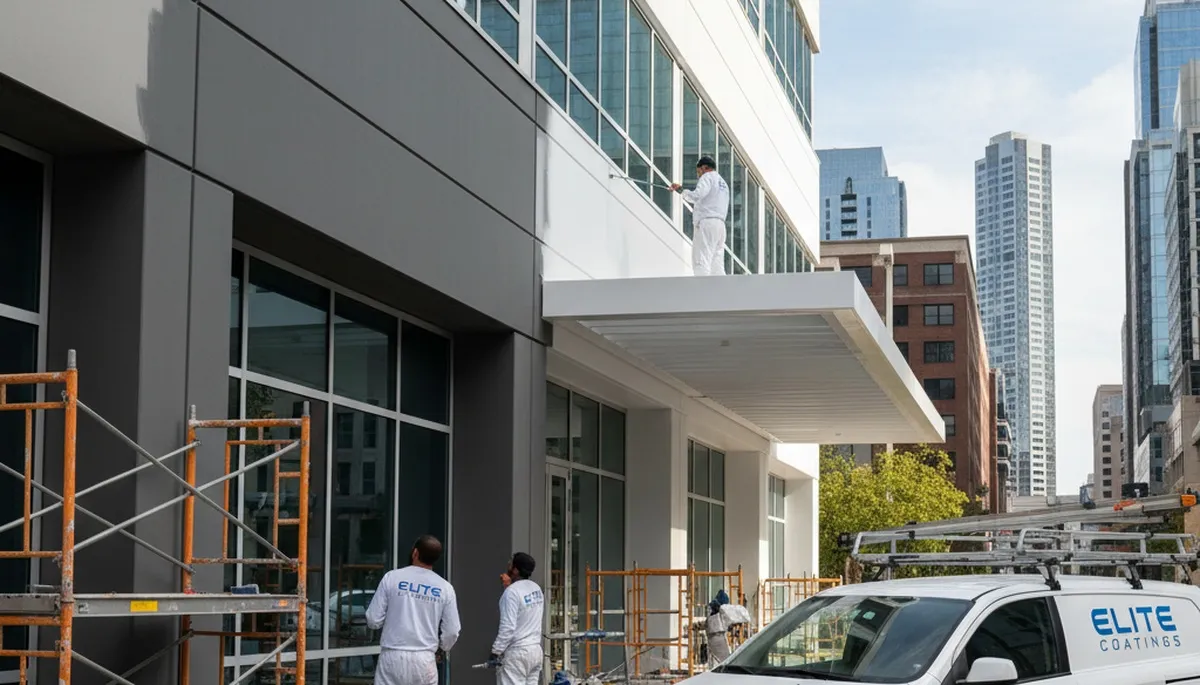 Commercial painting crew finishing office exterior in Baltimore, MD with durable weather-resistant coatings
