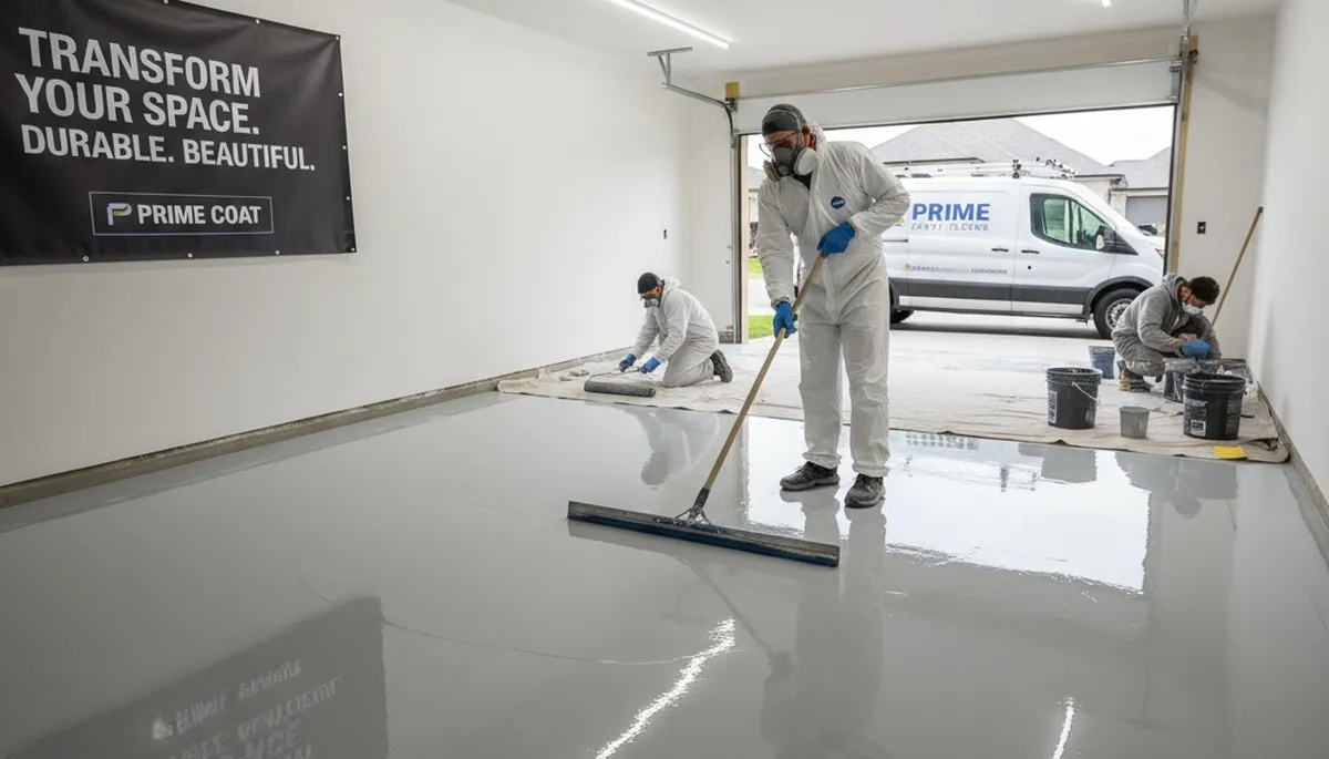 Epoxy garage floor coating in Baltimore MD with durable, glossy finish by professional painters