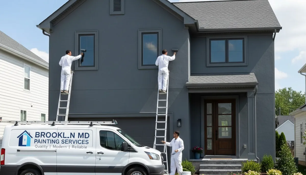 Professional house painters working on exterior home in Baltimore, MD