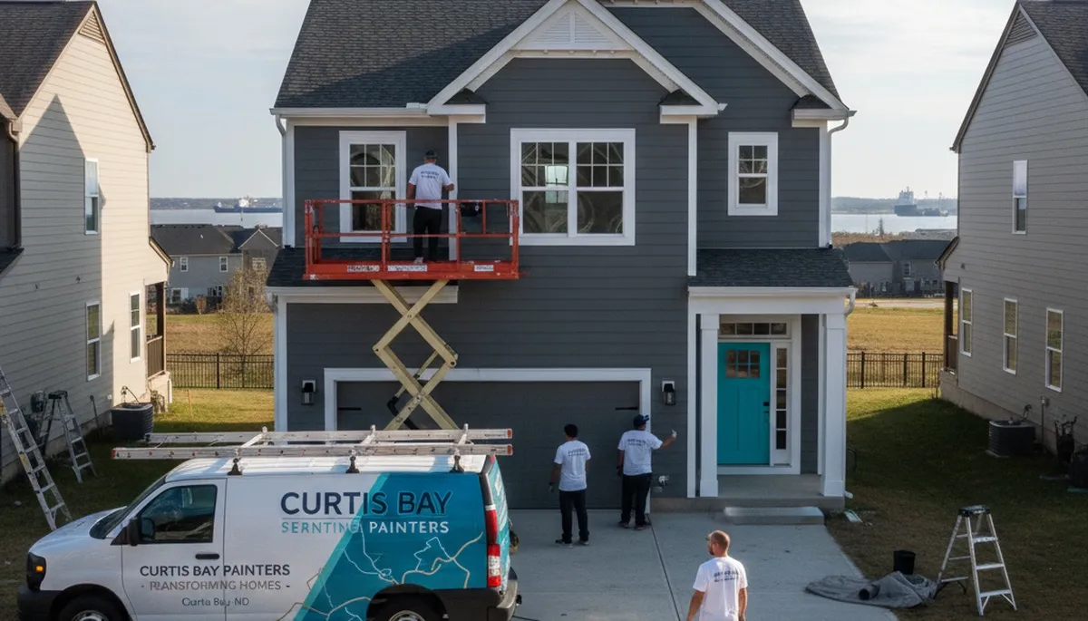 Professional house painters working on exterior home in Baltimore, MD