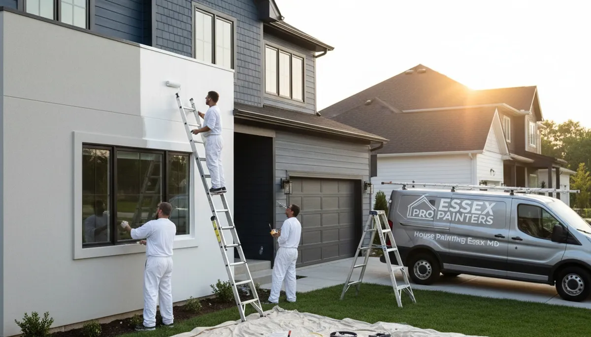 Professional house painters working on residential exterior in Baltimore, MD