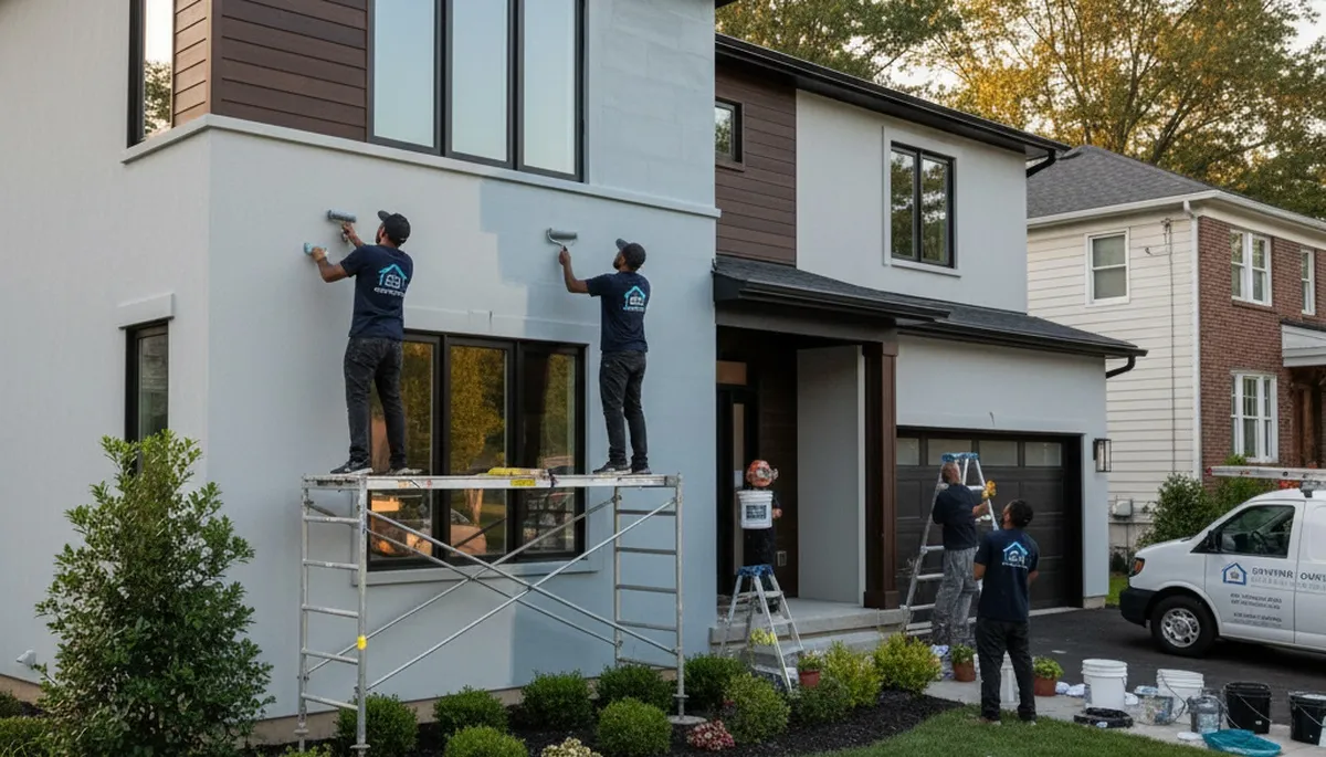 Professional house painters working on exterior home in Baltimore MD