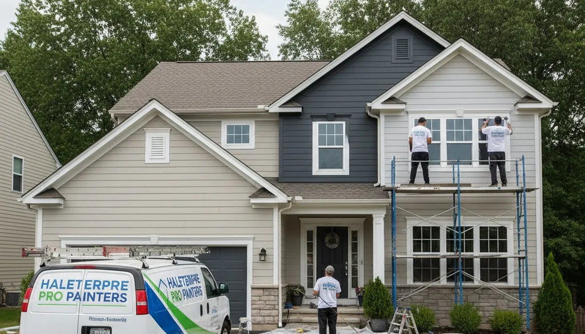 Professional house painters in Baltimore MD applying fresh exterior paint to a residential home
