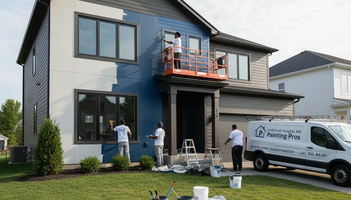 Professional house painters working on residential exterior in Baltimore, MD