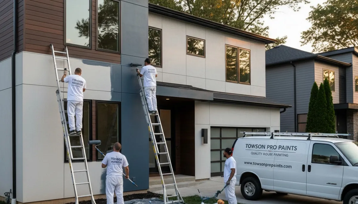 Professional house painters working on exterior home in Baltimore, MD