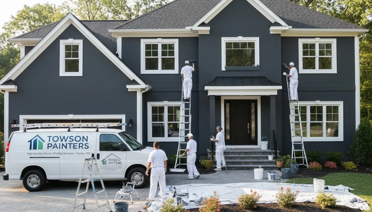 Professional house painters in Baltimore MD applying fresh exterior paint to residential home