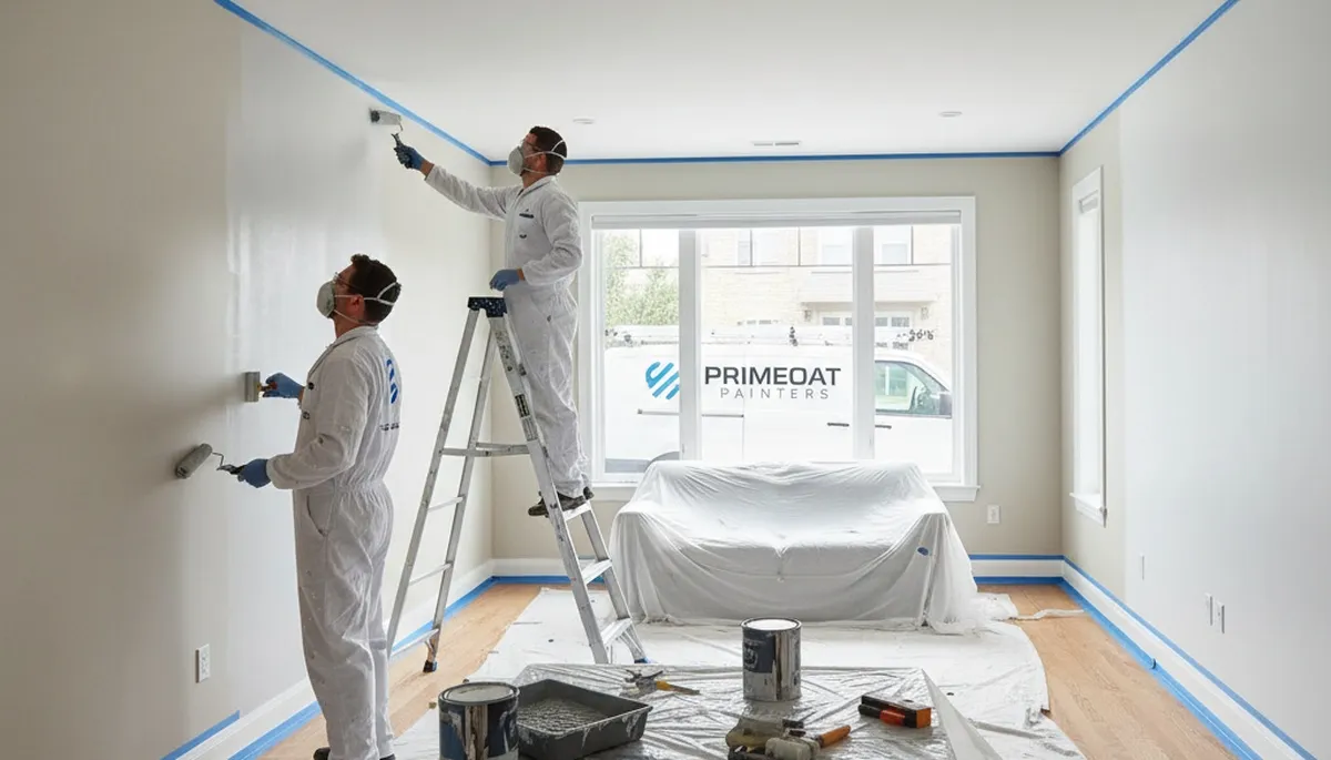 Professional interior house painters transforming a living room in Baltimore, MD with durable finishes