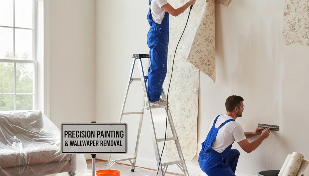 Professional wallpaper removal in Baltimore MD home by expert painters prepping walls for repainting